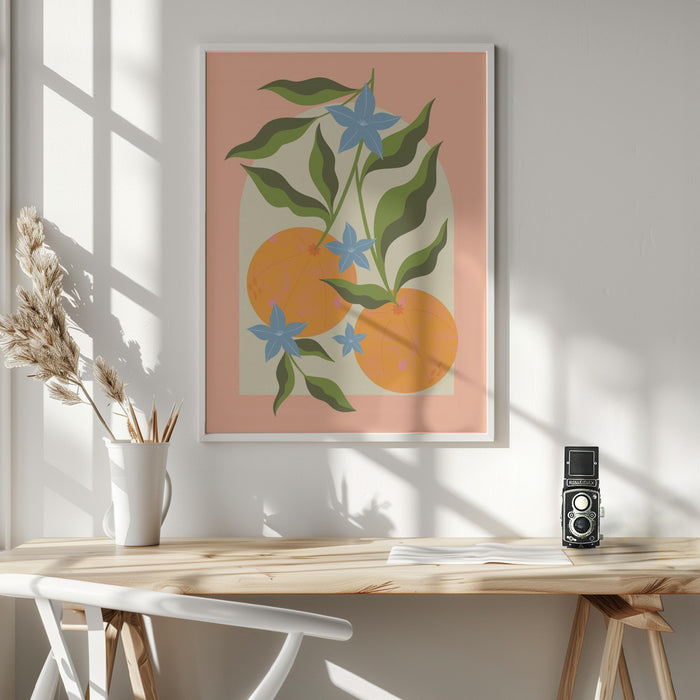 Orange Branch with Flowers Framed Art Modern Wall Decor
