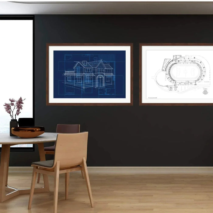Blueprint picture frame displaying an architectural house plan