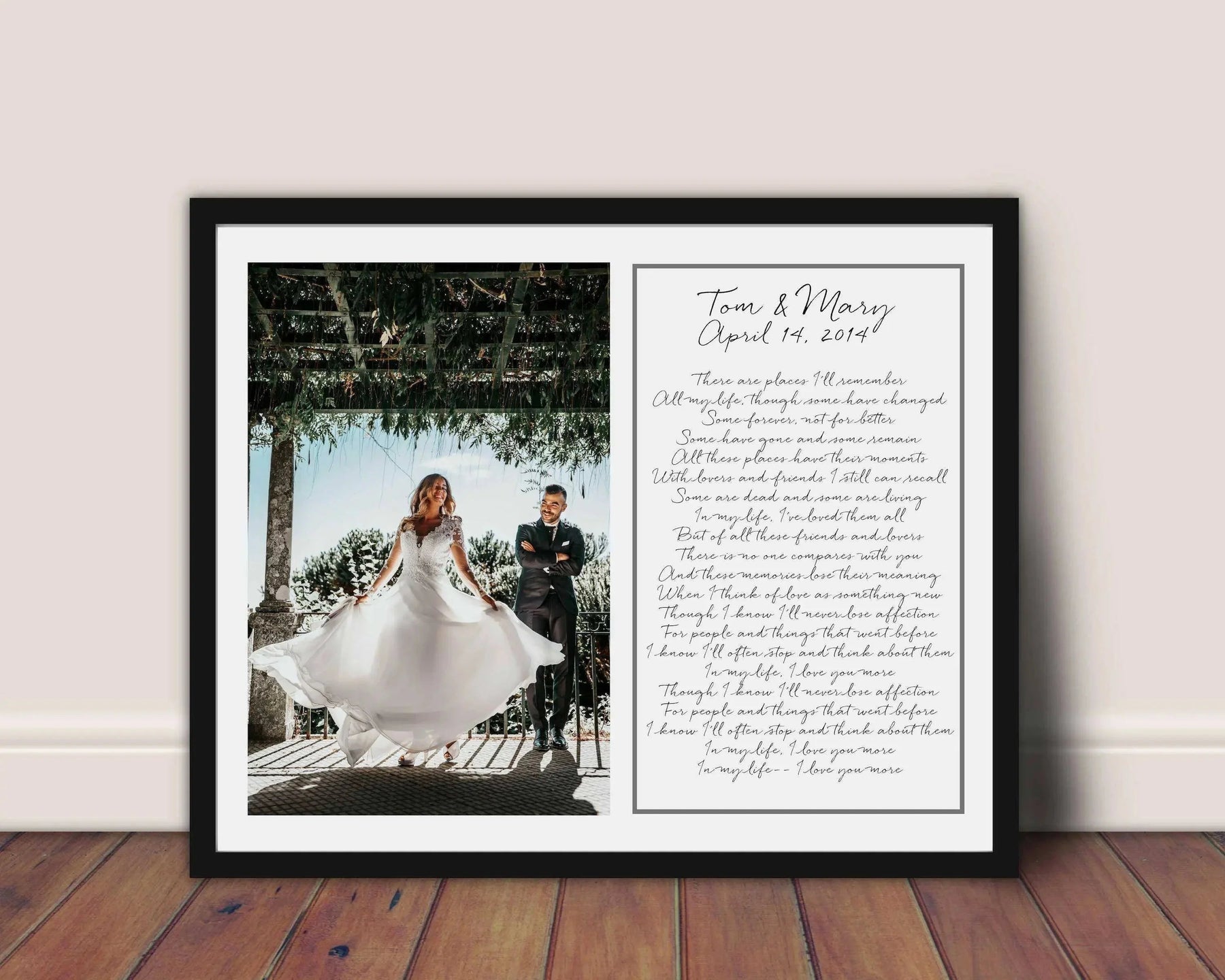 Personalized wedding anniversary wall art with wedding photograph and first dance memory in a custom frame
