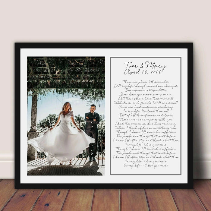 Personalized wedding anniversary wall art with wedding photograph and first dance memory in a custom frame