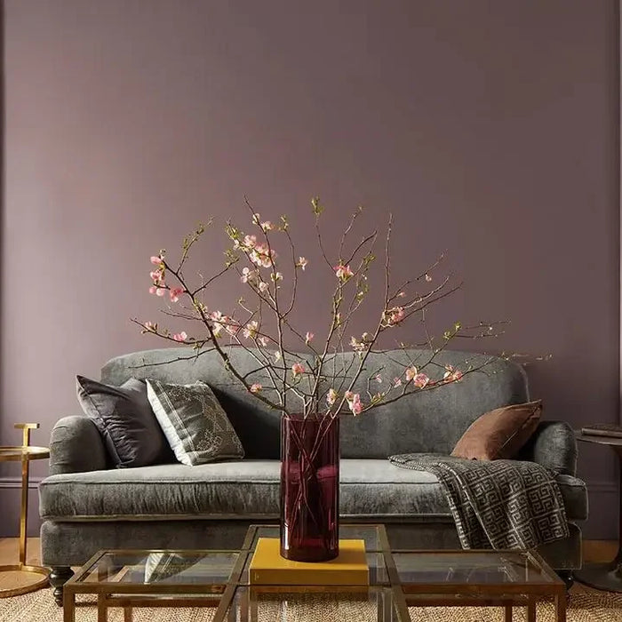 Elegant gray sofa with decorative pillows and throw blanket in a Benjamin Moore setting.