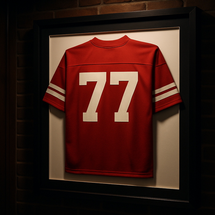 Custom sports memorabilia framing with a football jersey in a black shadow box