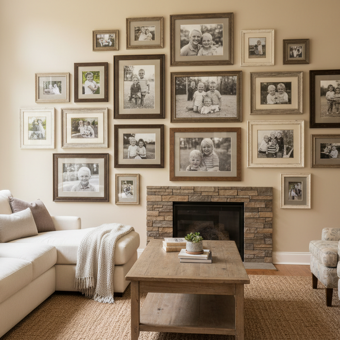 Warm living room with a family photo gallery wall in coordinated picture frames