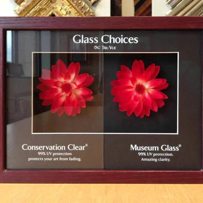 Replacement picture frame glass options including clear glass, UV non-glare glass and acrylic