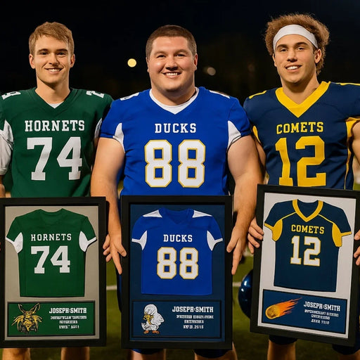 a group of framed pictures of baseball uniforms on a wall
