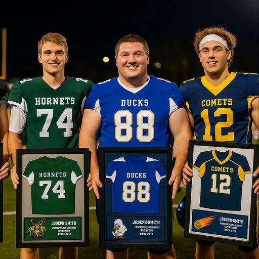 a group of framed baseball jerseys on a wall