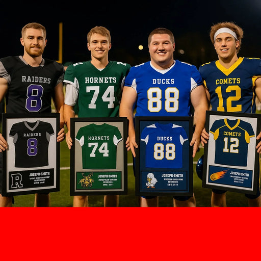 a group of framed sports jerseys on a wall