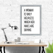 24x36 Framed Wall Art – "A Woman Is Only Helpless When Her Nails Are Drying" Quote – Silver Metallic Frame | Salon Wall Decor for Nail Salon, Hair Studio, Glam Room, Beauty Bar  Modern Memory Design Picture frames 