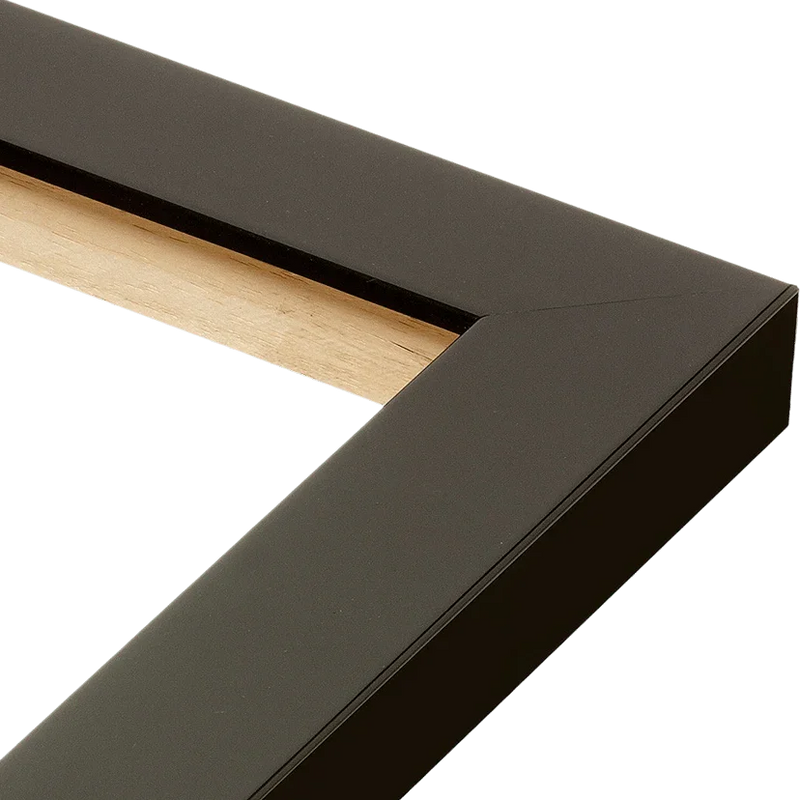 Corner of black picture frame with wooden edge for Olympic poster, ideal for USA Medalist
