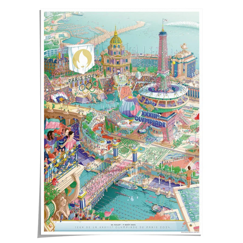 Colorful illustration of a fantastical cityscape for the Olympic Poster featuring USA Medalist