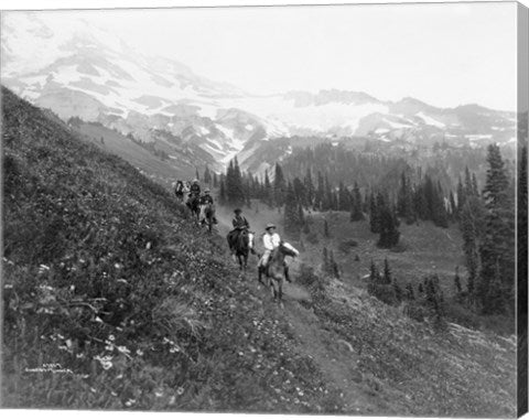 People on horseback, on trail, Van Trump Park, Mt. Rainier National Park, Washington