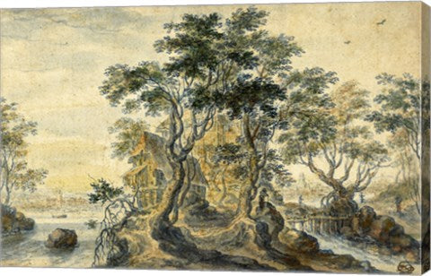 River Landscape with House on a Rocky Island by Isaac Major
