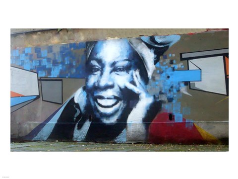 Graffiti of blue smiling women with abstract background somewhere in Gdynia