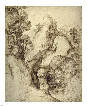 Rocky Landscape with a Waterfall by Girolamo Muziano