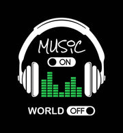 Music On, World Off Headphones Black Background by Color Me Happy