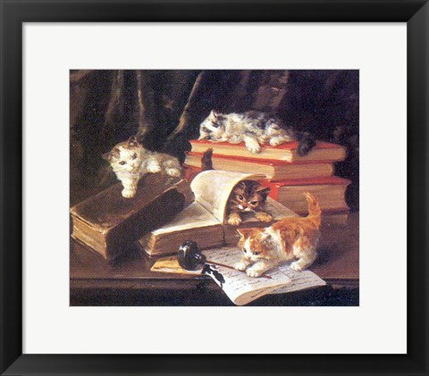 Framed Playful Kittens by Alfred Brunel de Neuville | 12 x 15