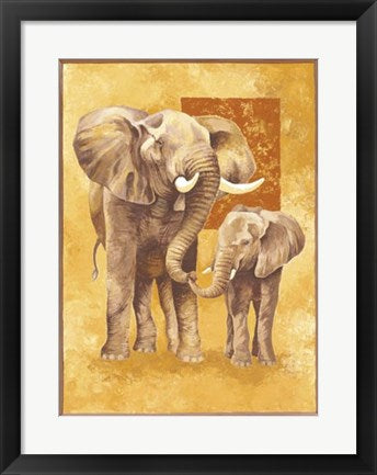 Framed Mother Elephant with Young by Philippe Genevrey | 19 3/4 x 15 3/4 A...