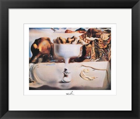 Framed Art Appariton of Face and Fruit Dish on a Beach by Salvador Dali