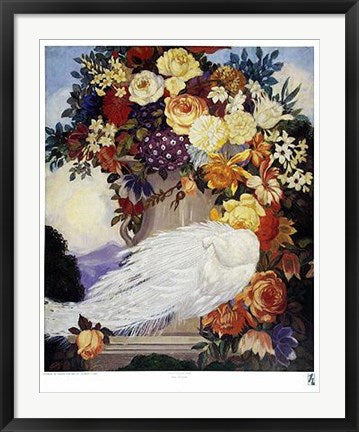 Framed White Peacock & Flowers by Jessie Arms Botke | 32 x 25 1/2