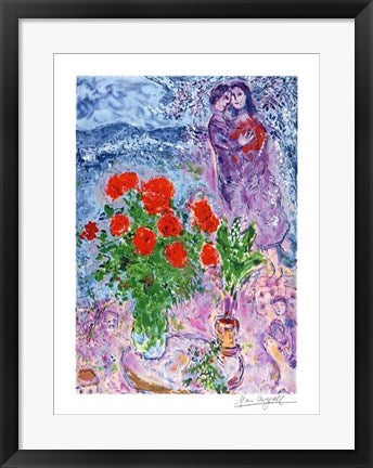 Framed Red Bouquet with Lovers by Marc Chagall | 24 x 18