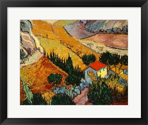 Framed Art Landscape with House and Ploughman, 1889 by Vincent Van Gogh Wall Decor 18x24 Artwork