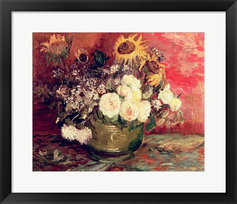 Framed Art Sunflowers, Roses and other Flowers in a Bowl, 1886 by Vincent Van Gogh Wall Decor 18x24 Artwork