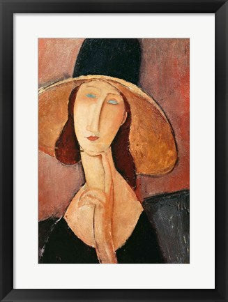 Framed Art Portrait of Jeanne Hebuterne in a large hat, c.1918-19 by Amedeo Modigliani Wall Decor 18x24 Artwork