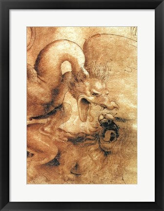 Framed Art Frame Art Detail of the Dragon from the drawing Fight between a Dragon and a Lion by Leonardo Da Vinci Wall Decor 18x24 Artwork