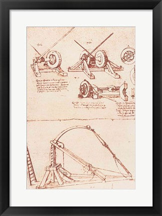 Framed Art Frame Art Designs for a Catapult by Leonardo Da Vinci Wall Decor 18x24 Artwork