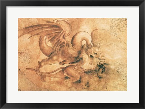 Framed Art Frame Art Fight between a Dragon and a Lion by Leonardo Da Vinci Wall Decor 18x24 Artwork