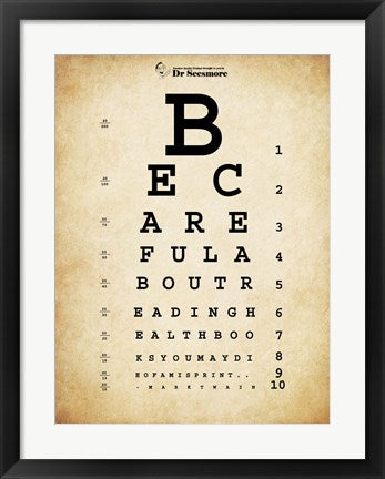 Framed Art Mark Twain Eye Chart Wall Decor 18x24 Artwork