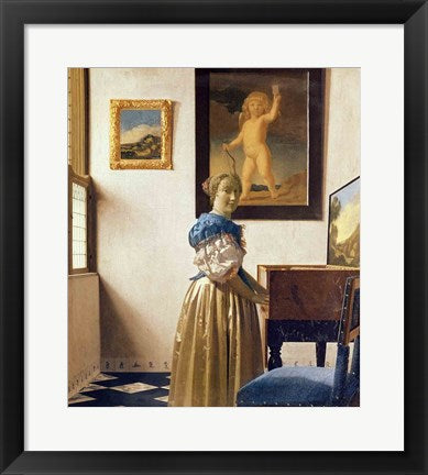 Framed Art Lady standing at the Virginal by Johannes Vermeer Wall Decor 18x24 Artwork