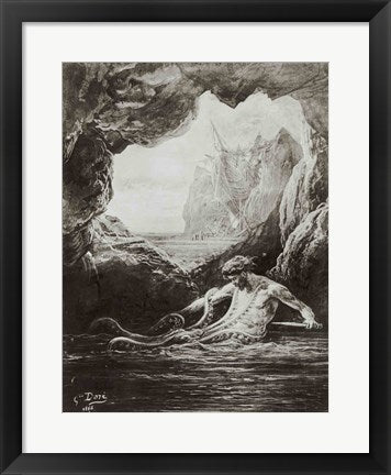 Framed Art Gilliatt struggles with the giant octopus by Gustave Dore Wall Decor 18x24 Artwork