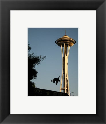 Framed Art Skateboarder Aloft and Space Needle Wall Decor 18x24 Artwork