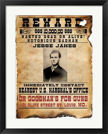 Framed Art Jesse James Wanted Poster Wall Decor 18x24 Artwork