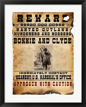 Framed Art Bonnie and Clyde Wanted Poster Wall Decor 18x24 Artwork