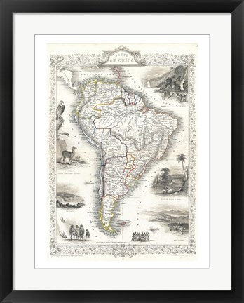Framed Art 1850 Tallis Map of South America Wall Decor 18x24 Artwork