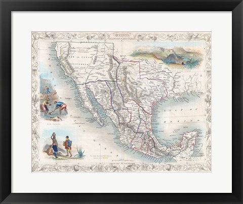 Framed Art Frame Art 1851 Tallis Map of Mexico, Texas, and California Wall Decor 18x24 Artwork