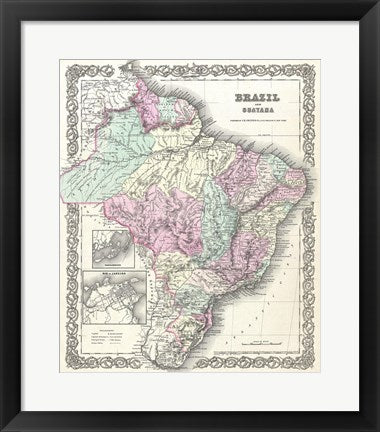 Framed Art 1855 Colton Map of Brazil And Guyana Wall Decor 18x24 Artwork