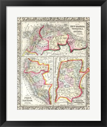 Framed Art Frame Art 1860 Mitchell's Map of Peru, Ecuador, Venezuela, Columbia and Argentina Wall Decor 18x24 Artwork