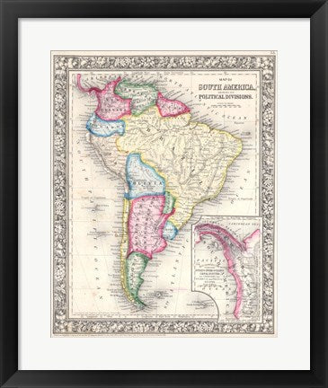 Framed Art Frame Art 1864 Mitchell Map of Brazil, Bolivia and Chili Wall Decor 18x24 Artwork
