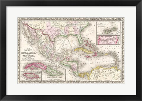 Framed Art Frame Art 1866 Mitchell Map of Mexico and the West Indies Wall Decor 18x24 Artwork