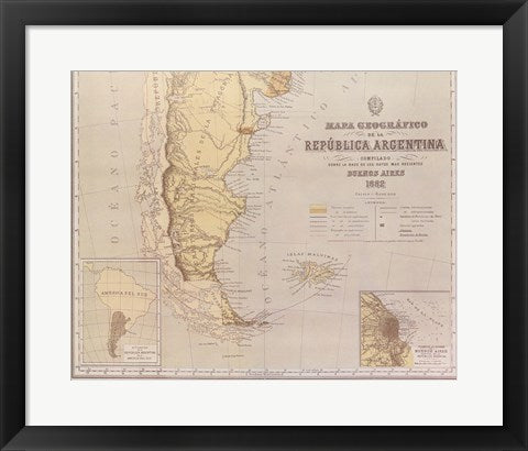 Framed Art Map of Argentina 1883 Wall Decor 18x24 Artwork