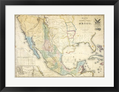 Framed Art Map of Mexico 1847 Wall Decor 18x24 Artwork