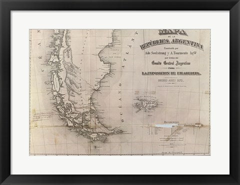 Framed Art Mapa de la Republica Argentina 1875 Wall Decor 18x24 Artwork