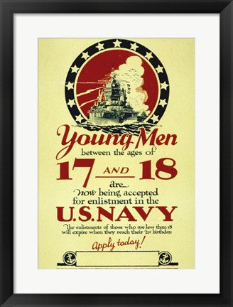 Framed Art Young Men Now Being Accepted for Enlistment Wall Decor 18x24 Artwork