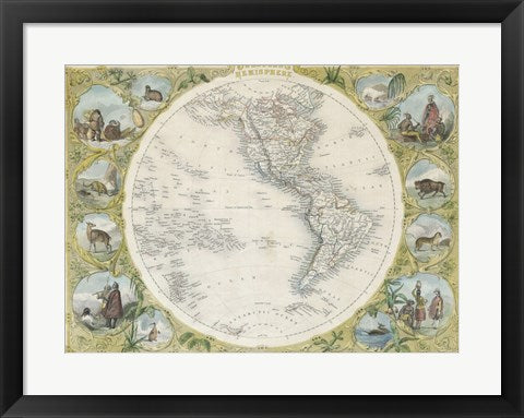 Framed Art Frame Art 1850 Tallis Map of the Western Hemisphere Wall Decor 18x24 Artwork