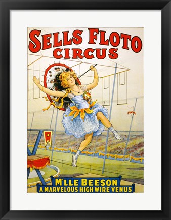 Framed Art Frame Art Floto Circus Presents M'lle Beeson, a marvelous high wire Venus, Performance Poster,1921 Wall Decor 18x24 Artwork