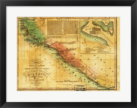 Framed Art Map of West Coast of Africa 1830 Wall Decor 18x24 Artwork