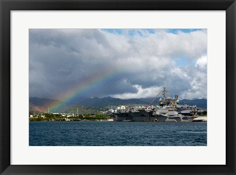 Framed Art US Navy, A Rainbow Arches Near the Aircraft Carrier USS Kitty Hawk Wall Decor 18x24 Artwork